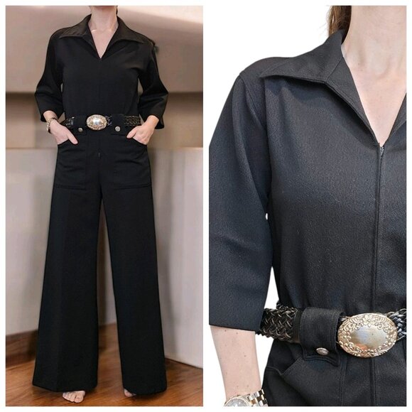 70s Womens Jumpsuit Black Wide Leg Zipup Polyester Disco Bellbottom Sz M 8 10 - Picture 12 of 12
